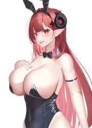 Rule 34 | 1girl, :d, absurdres, animal ears, arm strap, azur lane, bare shoulders, black bow, black bowtie, black horns, black leotard, blush, bow, bowtie, breasts, cleavage, commentary request, covered navel, curled horns, detached collar, fake animal ears, hand on own chest, highleg, highleg leotard, highres, hindenburg (azur lane), hindenburg (delirious duel) (azur lane), horns, large breasts, leotard, long hair, mashiro03, official alternate costume, open mouth, playboy bunny, pointy ears, rabbit ears, simple background, smile, solo, white background