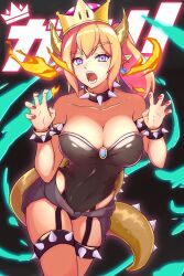 Rule 34 | 1girl, absurdres, armband, black leotard, blonde hair, blue eyes, bowsette, bracelet, breasts, cleavage, collar, crown, earrings, fire, funkygarage, garter straps, highres, horns, jewelry, large breasts, leotard, looking at viewer, mario (series), new super mario bros. u deluxe, nintendo, open mouth, paw pose, pointy ears, ponytail, red nails, sharp teeth, solo, spiked bracelet, spiked collar, spikes, standing, tail, teeth