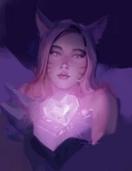 Rule 34 | 1girl, ahri (league of legends), aina (mayexplode), animal ears, blonde hair, close-up, cropped torso, facial mark, fox ears, fox girl, heart, highres, league of legends, looking at viewer, solo