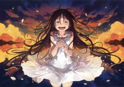 Rule 34 | 1girl, :d, absurdres, blush, brown eyes, brown hair, cloud, collarbone, crying, crying with eyes open, dress, dress grab, furrowed brow, highres, long hair, looking at viewer, morino hon, open mouth, original, partially submerged, petals, ripples, scan, sky, sleeveless, sleeveless dress, smile, solo, standing, sunrise, sunset, tears, very long hair, wading, water, white dress