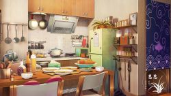 Rule 34 | bottle, bread, chair, curtains, dining room, food, fruit, frying pan, highres, indoors, jar, kitchen, loaf of bread, no humans, original, plant, plate, potted plant, refrigerator, roomscape, scenery, shelf, stove, table, tissue, tissue box, utensil, xingzhi lv