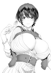 1girl, bangs, belt, blush, bracelet, breasts, character request, cleavage, closed mouth, commentary request, copyright request, dress, from below, greyscale, huge breasts, ion (cation), jewelry, monochrome, ribbed dress, short hair