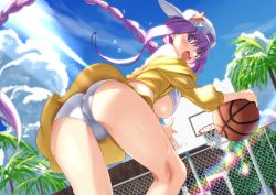 Rule 34 | 1girl, ass, asymmetrical hair, backwards hat, bad id, bad twitter id, ball, bare shoulders, baseball cap, basketball, basketball (object), basketball hoop, bb (fate), bb (fate) (all), bb (swimsuit mooncancer) (fate), bb (swimsuit mooncancer) (first ascension) (fate), bikini, blue sky, blush, braid, breasts, commentary request, cropped jacket, day, fate/grand order, fate (series), fence, hat, hat ornament, jacket, large breasts, long hair, long sleeves, looking at viewer, looking back, off shoulder, open mouth, palm tree, purple eyes, purple hair, single braid, skirt, sky, smile, solo, star (symbol), star hat ornament, sunlight, swimsuit, thighs, tree, tsuuhan, very long hair, white bikini, white hat, yellow jacket, yellow skirt