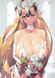 Rule 34 | 1girl, absurdres, bare shoulders, bikini, blonde hair, blue eyes, blush, bouquet, breasts, bridal veil, bride, cleavage, collarbone, cross, cross necklace, detached sleeves, dress, elbow gloves, fate/apocrypha, fate/grand order, fate (series), flower, gloves, hair flower, hair ornament, headpiece, highres, jeanne d&#039;arc (fate), jewelry, large breasts, long hair, looking at viewer, micro bikini, monkey jon, necklace, smile, solo, swimsuit, veil, very long hair, wedding dress, white bikini, white gloves