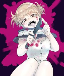 Rule 34 | 10s, 1girl, :d, bad id, bad pixiv id, bags under eyes, bare arms, blonde hair, blood, blood on clothes, blood on face, blood on hands, boku no hero academia, collared shirt, cutting, double bun, dress shirt, drooling, eyebrows, fangs, fingernails, hair bun, head tilt, holding, holding knife, knife, looking at viewer, messy hair, open mouth, orange eyes, saliva, samidare (hoshi), shirt, short hair, short sleeves, smile, solo, sweat, teeth, toga himiko, tongue, tongue out, white shirt