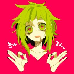 Rule 34 | 1girl, @ @, alternate hairstyle, bad id, bad pixiv id, bags under eyes, black nails, crazy eyes, crazy smile, disembodied head, disembodied hand, drooling, green eyes, gumi, haru (oomr005), heart, messy hair, pink background, pink pupils, simple background, smile, solo, tears, vocaloid, yandere