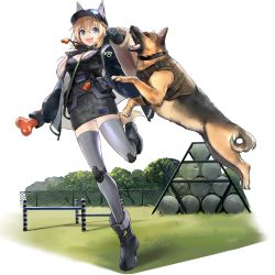 Rule 34 | 1girl, :d, animal ears, baseball cap, blonde hair, blue eyes, bone, boots, breasts, camouflage, cleavage, dog, dog ears, dress, fangs, full body, game cg, girls&#039; frontline, girls&#039; frontline neural cloud, gloves, grass, hair between eyes, hat, highres, jacket, large breasts, leg up, long hair, m500 (girls&#039; frontline), mechanical legs, official art, open clothes, open jacket, open mouth, outdoors, panties, pantyshot, smile, solo, thighhighs, transparent background, underwear, whistle, whistle around neck, white panties, zettai ryouiki
