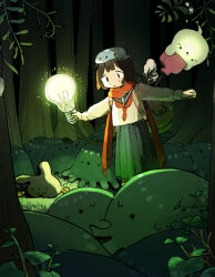 Rule 34 | 1girl, animal, animal on head, backpack, bag, brown hair, cable, commentary request, creature, dark, forest, ghost, grey sailor collar, grey skirt, highres, holding, jellyfish, light bulb, long scarf, long sleeves, mamei mema, nature, neckerchief, on head, original, outdoors, outstretched arms, pleated skirt, red neckerchief, red scarf, sailor collar, sailor shirt, scarf, school uniform, serafuku, shirt, short hair, skirt, solo, standing, tareme, tree, white shirt