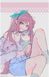 Rule 34 | 1girl, aqua bow, aqua eyes, aubrey (faraway) (omori), aubrey (omori), bandaid, bandaid on cheek, bandaid on face, blush, bow, breasts, cleavage, commentary, crop top, earrings, english commentary, from side, hair bow, highres, holding, holding stuffed toy, jewelry, legs, looking at viewer, manio11a, multiple earrings, navel, omori, pink hair, polka dot footwear, sitting, sketch, skirt, smile, socks, solo, stuffed toy