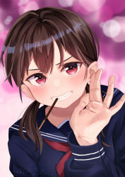 Rule 34 | 1girl, absurdres, artist name, blue serafuku, blush, brown hair, food in mouth, hand up, highres, long hair, long sleeves, looking at viewer, low twintails, mouth hold, original, pink background, pocky, pocky in mouth, red eyes, school uniform, serafuku, short twintails, sorano 0617, teeth hold, twintails, valentine