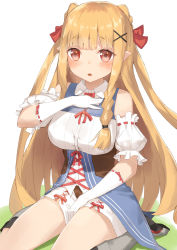 Rule 34 | blonde hair, blunt bangs, blush, bow, breasts, detached sleeves, gloves, grey footwear, hair bow, hair ornament, hand up, highres, jonsun, large breasts, long hair, looking at viewer, original, parted lips, pointy ears, puffy detached sleeves, puffy short sleeves, puffy sleeves, red bow, red eyes, red ribbon, ribbon, shirt, short sleeves, simple background, sitting, solo, underbust, wariza, white background, white gloves, white shirt, wing collar, x hair ornament
