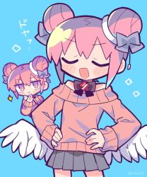 Rule 34 | 1girl, angel, angel wings, aqua background, black bow, blush stickers, bow, bow choker, chibi, chibi inset, closed eyes, closed mouth, datenshi-chan (nanawo akari), double bun, feathered wings, grey skirt, hair between eyes, hair bow, hair bun, hands on own hips, highres, indie utaite, nanawo akari, off-shoulder sweater, off shoulder, open mouth, pink eyes, pink hair, pink sweater, pleated skirt, richard (richaball), short hair, sidelocks, simple background, skirt, smile, solo, sparkle, sweater, utaite, white wings, wings