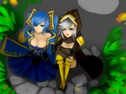 Rule 34 | 2girls, aqua hair, ashe (league of legends), bare shoulders, blonde hair, blue eyes, boots, breasts, cape, cleavage, gradient hair, highres, hood, kumiko shiba, large breasts, league of legends, long hair, multicolored hair, multiple girls, open mouth, silver hair, sitting, sona (league of legends), twintails, yellow legwear
