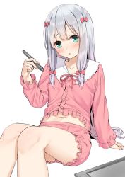 Rule 34 | 10s, 1girl, :o, aqua eyes, bare legs, blush, bow, buttons, collarbone, drawing tablet, elbow gloves, eromanga sensei, frilled shorts, frilled sleeves, frills, gloves, hair bow, highres, izumi sagiri, legs, long hair, long sleeves, looking at viewer, mikazuchi zeus, navel, pajamas, pink bow, ribbon, shorts, silver hair, simple background, sitting, solo, stomach, stylus, white background
