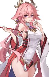 Rule 34 | 1girl, animal ears, bare shoulders, breasts, cherry blossom print, detached sleeves, earrings, floppy ears, floral print, fox ears, fox shadow puppet, genshin impact, gohei, hair between eyes, hair ornament, highres, holding, holding gohei, jewelry, long hair, looking at viewer, medium breasts, muki (muki kunxd), nontraditional miko, parted lips, pink hair, purple eyes, shirt, sideboob, sleeveless, sleeveless shirt, smile, solo, thighs, turtleneck, very long hair, white background, wide sleeves, yae miko