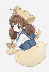 Rule 34 | 1girl, :x, ahoge, animal hat, back bow, bell, bow, brown eyes, brown hair, cat hat, cat tail, di gi charat, gema, hair bell, hair ornament, hano luno, hat, highres, long hair, long sleeves, low twintails, paw shoes, puchiko, school uniform, serafuku, sitting, tail, twintails