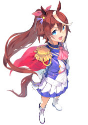 Rule 34 | 1girl, 322ojisan, absurdres, animal ears, ascot, asymmetrical gloves, blue eyes, blue gloves, blue jacket, blue skirt, boots, brown hair, buttons, cape, determined, double-breasted, epaulettes, from above, full body, gloves, hair between eyes, hair flaps, hair ribbon, hand on own hip, high ponytail, highres, horse ears, horse girl, horse tail, jacket, knee boots, long hair, long sleeves, miniskirt, mismatched gloves, multicolored clothes, multicolored hair, multicolored jacket, pink ascot, pink ribbon, pleated skirt, red cape, ribbon, simple background, single epaulette, skirt, solo, streaked hair, tail, tokai teio (umamusume), two-tone hair, two-tone jacket, two-tone skirt, umamusume, v-shaped eyebrows, white background, white footwear, white gloves, white hair, white jacket, white skirt