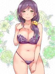 Rule 34 | bare shoulders, blush, bow, bra, braid, collar, collarbone, cowboy shot, duke (inu daimyou), floral background, green eyes, hair bow, hand on own chest, hand on own thigh, highleg, highleg panties, hip focus, long hair, love live!, love live! school idol festival, love live! school idol project, navel, panties, polka dot, polka dot background, purple bra, purple hair, purple panties, smile, solo, thighs, tojo nozomi, underwear, underwear only, white background, yellow bow