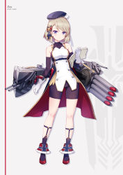 Rule 34 | 1girl, azumi akitake, azur lane, bare shoulders, bike shorts, breasts, cross, elbow gloves, full body, gloves, grey hair, hair ornament, hat, highres, iron cross, looking at viewer, medium breasts, purple eyes, shoes, short hair, solo, standing, weapon, white background, white gloves, z23 (azur lane)