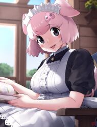 Rule 34 | akaisuto, alternate costume, animal ears, apron, black dress, blush, book, center frills, chair, collar, dress, enmaided, frilled apron, frilled collar, frills, grey eyes, high collar, highres, kemono friends, kemono friends 3, looking at viewer, maid, maid apron, maid headdress, official alternate costume, open mouth, pig (kemono friends), pig ears, pig girl, pig nose, pig tail, pink hair, puffy short sleeves, puffy sleeves, reading, short hair, short sleeves, sidelocks, sitting, smile, tail, white apron