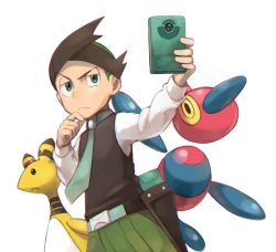 Rule 34 | 1boy, ampharos, aono wo, belt, black vest, blouse, brown hair, closed mouth, commentary request, creatures (company), game freak, gen 2 pokemon, gen 4 pokemon, green eyes, green hair, green neckwear, half-closed eyes, hand on own chin, holding, long sleeves, looking to the side, male focus, multicolored hair, necktie, nintendo, pokemon, pokemon (creature), pokemon dppt, pokemon platinum, porygon-z, shirt, simple background, stroking own chin, thorton (pokemon), two-tone hair, vest, white background, white shirt