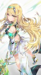 Rule 34 | 1girl, absurdres, ass, back, blonde hair, breasts, chest jewel, earrings, fire, gloves, hatsuga (dmaigmai), highres, jewelry, large breasts, long hair, mythra (xenoblade), skindentation, smile, solo, sword, very long hair, weapon, white background, xenoblade chronicles (series), xenoblade chronicles 2, yellow eyes