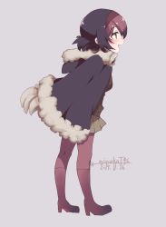Rule 34 | 1girl, 9735aoitora, :d, bird tail, black hair, blush, boots, brown hair, brown jacket, brown skirt, brown sweater, commentary request, dated, dodo (kemono friends), empty eyes, from side, full body, fur collar, fur trim, grey background, hair between eyes, hairband, hood, hood down, jacket, kemono friends, leaning forward, open mouth, pantyhose, pink footwear, pink hair, pink pantyhose, pleated skirt, poncho, red hairband, short hair, simple background, skirt, smile, solo, sweater, tail