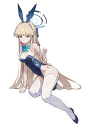 Rule 34 | 1girl, absurdres, animal ears, bare shoulders, black footwear, blonde hair, blue archive, blue bow, blue bowtie, blue eyes, blue hair, blue leotard, blunt bangs, bow, bowtie, braid, closed mouth, commentary, detached collar, earpiece, fake animal ears, french braid, full body, halo, hand up, high heels, highleg, highleg leotard, highres, holding, holding hair, leotard, long hair, looking at viewer, lovelyme, mechanical halo, multicolored hair, official alternate costume, on one knee, playboy bunny, rabbit ears, simple background, solo, strapless, strapless leotard, streaked hair, thighhighs, thighs, toki (blue archive), toki (bunny) (blue archive), white background, white thighhighs, wrist cuffs