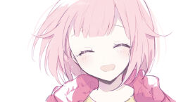 Rule 34 | 1girl, blunt bangs, blush, closed eyes, commentary, jacket, ootori emu, open mouth, pink hair, pink jacket, project sekai, qi7pi, short hair, simple background, smile, solo, white background
