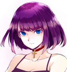 Rule 34 | 1girl, alternate hair length, alternate hairstyle, aoba (smartbeat), bare shoulders, blue eyes, blunt bangs, bob cut, breasts, choker, cleavage, collarbone, cross, earrings, fate/grand order, fate (series), highres, jewelry, looking at viewer, martha (fate), martha (swimsuit ruler) (fate), purple hair, red choker, short hair, simple background, upper body, white background