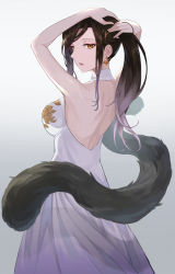 Rule 34 | 1girl, backless dress, backless outfit, bare shoulders, black hair, breasts, brown eyes, dress, earrings, from behind, fur scarf, gradient background, hair behind ear, hair tie, highres, holding, holding own hair, jewelry, large breasts, long hair, looking back, namiura, nijisanji, open mouth, ponytail, shirayuki tomoe, solo, virtual youtuber, white dress