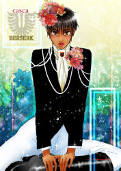 1girl berserk black_hair black_jacket boots brown_eyes casca_(berserk) character_name commentary_request copyright_name dark-skinned_female dark_skin flower hair_flower hair_ornament jacket kame_(jeycobsry) looking_at_viewer pants pink_lips short_hair sitting solo white_pants