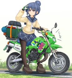 Rule 34 | 1girl, beige blouse, black footwear, black pantyhose, blue hair, blue sky, closed mouth, commentary request, gloves, grass, hair bun, highres, ksr moto, loafers, logo, long sleeves, looking to the side, mikeran (mikelan), miniskirt, motor vehicle, motorcycle, multicolored clothes, multicolored gloves, neckerchief, pantyhose, partial commentary, plaid, plaid skirt, pleated skirt, purple eyes, road, scarf, shading eyes, shadow, shima rin, shoes, short hair, single hair bun, skirt, sky, solo, standing, white background, white neckerchief, yurucamp