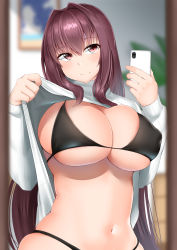 Rule 34 | 1girl, bikini, breasts, cellphone, cleavage, clothes lift, covered erect nipples, fate/grand order, fate (series), hair intakes, highres, indoors, kitajima yuuki, large breasts, lifted by self, long hair, looking at viewer, navel, phone, photo (object), plant, purple hair, red eyes, ribbed sweater, scathach (fate), selfie, smartphone, smile, solo, sweater, sweater lift, swimsuit, turtleneck, wooden floor