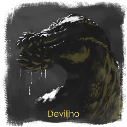 Rule 34 | bad id, bad pixiv id, character name, deviljho, dinosaur, dragon, dripping, drooling, face, glowing, glowing eyes, looking afar, monster hunter (series), no humans, profile, red eyes, solo, spikes, tony (gxxr5837), twisted neck