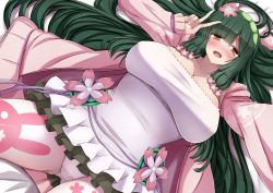 Rule 34 | 1girl, blush, breasts, gigantic breasts, green hair, highres, long hair, looking at viewer, lying, on back, open mouth, panties, panties under pantyhose, pantyhose, solo, touhoku zunko, underwear, very long hair, vocaloid, voiceroid, yellow eyes, yuzumiya mono