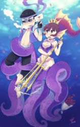 Rule 34 | 10s, 1boy, 1girl, artist name, bad id, bad twitter id, bandages, barefoot, bouquet, breasts, brown eyes, brown hair, bubble, cleavage, crown, drooling, drunk, fingerless gloves, fins, fish tail, flower, glasses, gloves, jewelry, letter, love letter, matsuno karamatsu, monster girl, necklace, osomatsu-kun, osomatsu-san, pearl necklace, petals, polearm, remotarou, scylla, sharp teeth, sidelocks, sleeveless, sunglasses, tail, teeth, torn clothes, torn sleeves, trident, underwater, weapon, yowai totoko