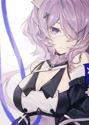 Rule 34 | 1girl, absurdres, arknights, bare shoulders, breasts, cleavage, commentary, fanshu, hair ornament, hair over one eye, highres, large breasts, long hair, looking at viewer, purple eyes, purple hair, simple background, solo, upper body, whisperain (arknights), white background, x hair ornament
