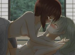 Rule 34 | 2girls, anchovy (girls und panzer), bed sheet, blush, breasts, brown eyes, brown hair, collarbone, girls und panzer, green hair, holding hands, imminent kiss, indoors, interlocked fingers, long hair, looking at another, medium breasts, multiple girls, navel, nipples, nishizumi maho, nude, open door, open mouth, rain, short hair, sweat, user gftn2472, yuri