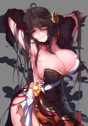 Rule 34 | 1girl, ahoge, ara haan, armpits, arms behind head, arms up, bare back, bare shoulders, breasts, brown hair, cleavage, curvy, devi (elsword), elsword, hair down, hair ornament, highres, huge breasts, kanola u, large breasts, long hair, looking at viewer, parted lips, shine, smile, solo, wide hips, yellow eyes