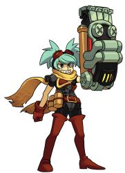 Rule 34 | 1girl, belt, blue eyes, blue hair, boots, full body, gloves, goggles, goggles on head, highres, indivisible, kampan (indivisible), matching hair/eyes, mechanical hands, official art, power fist, red footwear, red thighhighs, scarf, short twintails, shoulder pads, single mechanical hand, smile, solo, thigh boots, thighhighs, transparent background, twintails
