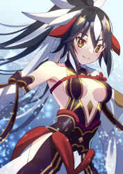 Rule 34 | 1girl, armor, bare shoulders, black hair, black shirt, black skirt, breasts, center opening, detached sleeves, facial mark, fate/grand order, fate (series), forehead mark, gold trim, hair between eyes, halterneck, high ponytail, highres, hip vent, japanese armor, layered skirt, long hair, looking at viewer, medium breasts, multicolored hair, nagao kagetora (fate), ryofuhiko, shirt, sidelocks, skirt, smile, solo, two-tone hair, uesugi kenshin (fate), uesugi kenshin (third ascension) (fate), very long hair, white hair, white skirt, wide sleeves, yellow eyes