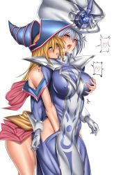 Rule 34 | 2girls, bare shoulders, blonde hair, blue eyes, blush, grabbing another&#039;s breast, breasts, curvy, dark magician girl, covered erect nipples, female focus, grabbing, green eyes, hug, large breasts, long hair, multiple girls, open mouth, silent magician, smile, standing, transparent background, trembling, yu-gi-oh!, yuri