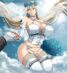 Rule 34 | 1boy, 1girl, bandages, belt, belt boots, belt buckle, boots, breasts, bridal gauntlets, bridal legwear, bridal lingerie, bridal veil, bride, brown hair, buckle, closed mouth, crane yuzuriha, earrings, eyebrows, floating, floating hair, flower, flower on head, gloves, hair flower, hair ornament, half-closed eyes, hikimayu, holding, holding hands, huge breasts, husband and wife, jewelry, large breasts, lingerie, lips, lipstick, long hair, long sleeves, makeup, marriage, petals, reaching, reaching towards viewer, rose petals, saint seiya, saint seiya: the lost canvas, silver saint, sky, solo focus, the-dark-knight19089, thick thighs, thighs, underwear, upper body, veil, wedding, wedding lingerie