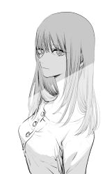Rule 34 | 1girl, breasts, chainsaw man, expressionless, from side, greyscale, highres, long hair, looking at viewer, makima (chainsaw man), medium breasts, monochrome, ringed eyes, shirt, sideways glance, simple background, small breasts, solo, upper body, white background, white shirt, yokoyari mengo