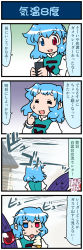 Rule 34 | 4koma, = =, artist self-insert, blue hair, cellphone, closed eyes, comic, commentary request, fog, food, gradient background, hand on own face, heterochromia, highres, ice cream, jitome, juliet sleeves, karakasa obake, long sleeves, mizuki hitoshi, open mouth, phone, puffy sleeves, real life insert, red eyes, shirt, sign, smile, soft serve, sweat, tatara kogasa, tongue, tongue out, touhou, translation request, umbrella, vest, wind
