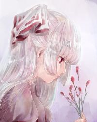 Rule 34 | 1girl, bad id, bad twitter id, bow, closed mouth, commentary, crying, flower, from side, fujiwara no mokou, hair bow, hair ribbon, highres, holding, holding flower, long hair, mokoiscat, plant, red eyes, ribbon, shirt, silver hair, simple background, solo, teardrop, tears, touhou, upper body, very long hair, white shirt