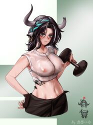 Rule 34 | 3girls, animal ears, aqua hair, arknights, artist name, bare shoulders, black gloves, black hair, blush, braid, breasts, broken horn, chibi, chibi inset, closed mouth, cow ears, cow girl, cow horns, crop top, dumbbell, fingerless gloves, gloves, gradient background, green background, green eyes, han han xiao leng, hand on own hip, horns, large breasts, long hair, looking at viewer, material growth, multicolored hair, multiple girls, navel, nipples, oripathy lesion (arknights), pallas (arknights), see-through, single glove, sleeveless, smile, stomach, streaked hair, sweat, two-tone hair, vulcan (arknights), wet, wet clothes, wind chimes (arknights)