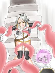 Rule 34 | belt, blush, camel (dansen), gloves, multiple girls, open mouth, restrained, sex, smile, sweat, tears, tentacle sex, tentacles, torn clothes, vaginal, weapon, white hair, yellow eyes
