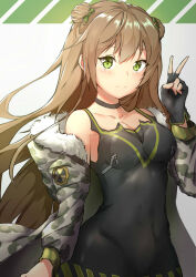 Rule 34 | 1girl, armpit peek, bare shoulders, black choker, black gloves, black shirt, blush, bow, breasts, brown hair, camisole, camouflage, camouflage jacket, choker, cleavage, closed mouth, collarbone, commentary request, covered navel, double bun, fingerless gloves, floating hair, fur-trimmed jacket, fur trim, girls&#039; frontline, gloves, green bow, green eyes, groin, hair bow, hair bun, hair ornament, hand up, highres, jacket, light, long hair, looking at viewer, medium breasts, off shoulder, ponta (velmar), radiation symbol, rfb (girls&#039; frontline), shirt, sidelocks, simple background, single glove, sleeveless, sleeveless shirt, smile, solo, standing, upper body, v, zipper, zipper pull tab